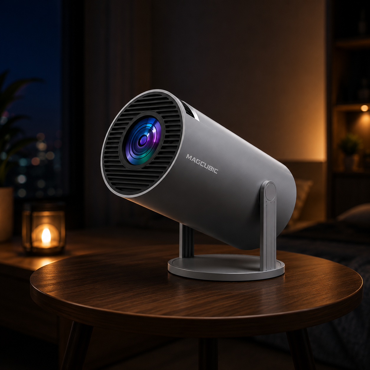 A MAGCUBIC projector lamp in a sleek gray finish, displayed on a round wooden table in a cozy, dimly lit bedroom setting.