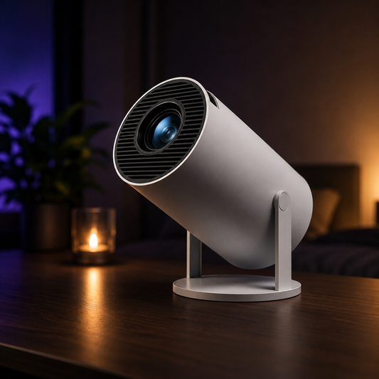 A modern white cylindrical projector or lamp with a black front grille and stand, placed on a dark wooden table in a dimly lit room with warm ambient lighting and a blurred candle in the background.