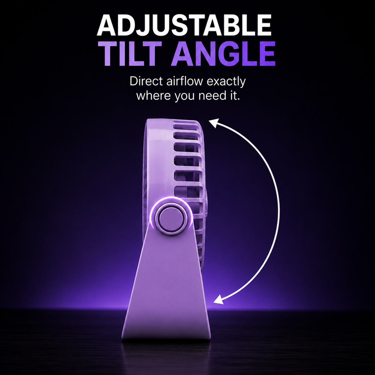 A small purple portable fan shown from the side with text reading 'ADJUSTABLE TILT ANGLE' and a white arrow indicating the swivel, on a dark background.