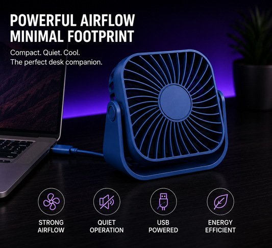 A blue portable desk fan shown on a dark desk next to a laptop, with promotional text reading 'POWERFUL AIRFLOW MINIMAL FOOTPRINT' and feature icons for strong airflow, quiet operation, USB powered, and energy efficient.