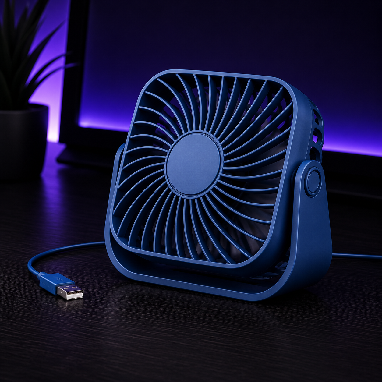 A blue USB desk fan with a circular front grille and side control button, shown on a dark tabletop with a USB cable and purple ambient background lighting.