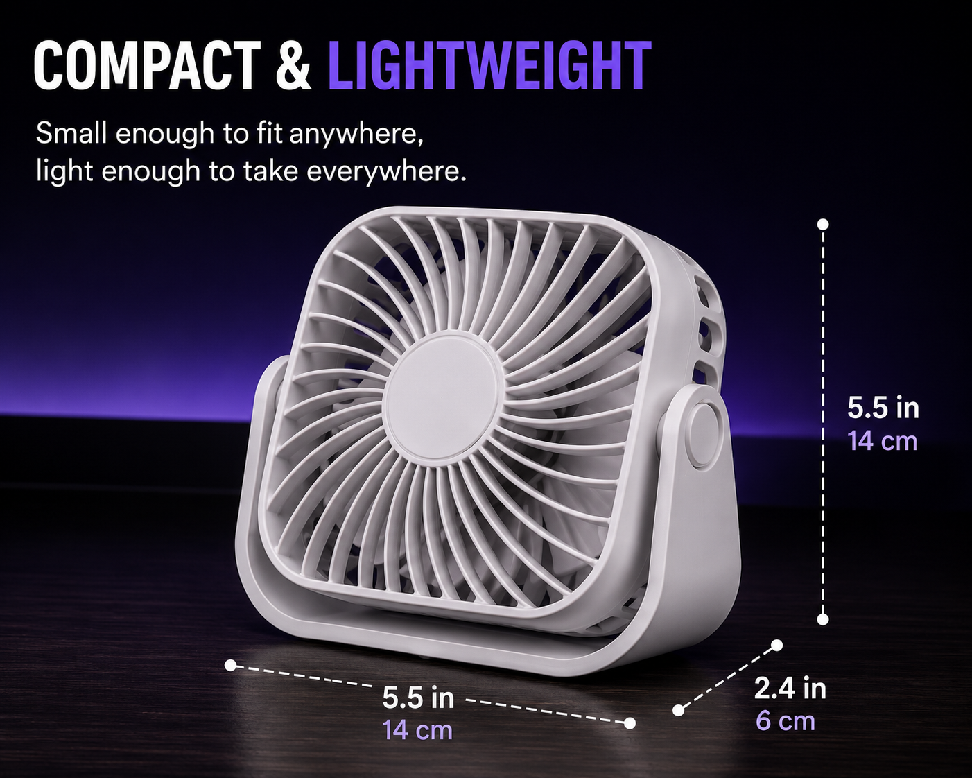 A compact white portable fan shown on a dark surface with promotional text and dimension callouts indicating 5.5 in height/14 cm, 5.