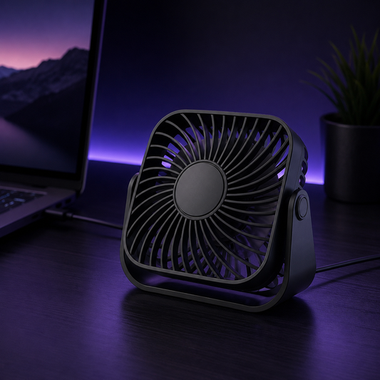 A small black desktop fan placed on a dark desk, with a laptop, plant, and purple ambient lighting in the background.
