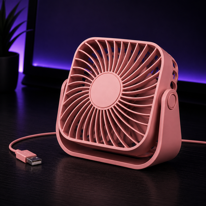 A compact pink USB desk fan with a curved front grille and side handle, shown on a dark tabletop with a USB charging cable and a blurred purple-lit background.