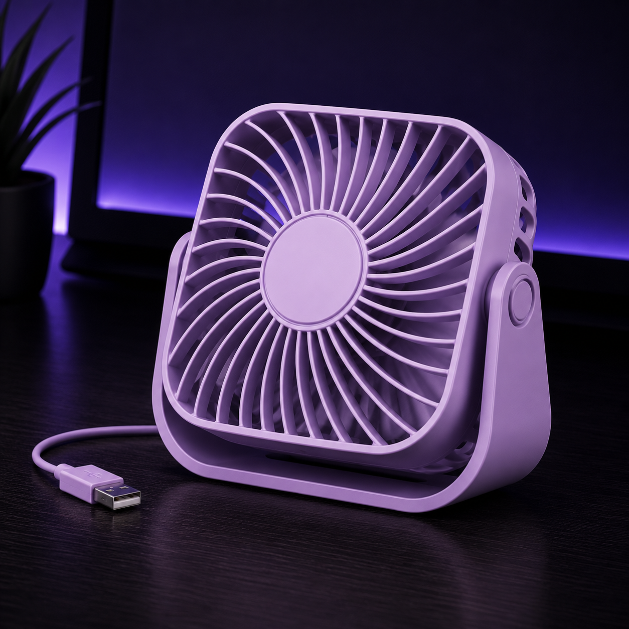 A small portable USB fan in a light purple/lavender color, shown on a dark desk with its USB cable visible. The background is dark with a purple glow, and a plant is partially visible on the left.