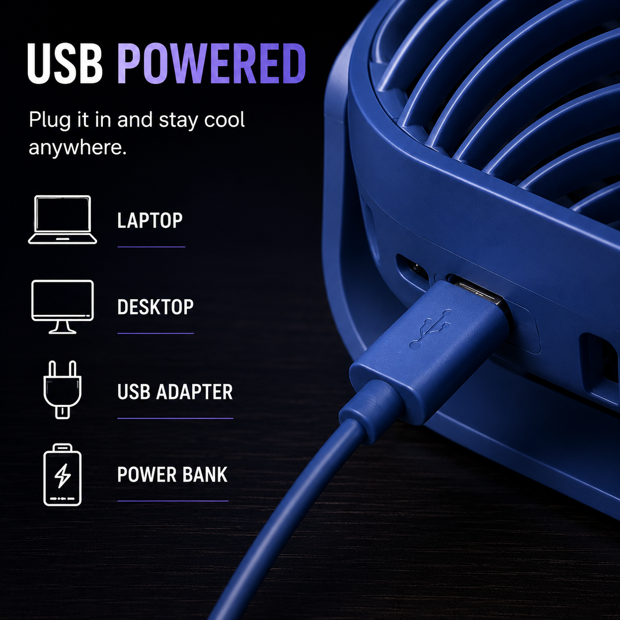 Blue USB-powered cooling fan shown plugged into a laptop or desktop setup, with text highlighting compatibility with laptop, desktop, USB adapter, and power bank on a dark background.
