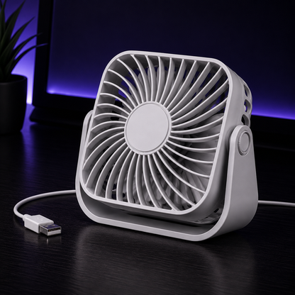 A compact white portable fan with a USB charging cable, shown on a dark wooden desk with a blurred background featuring purple ambient lighting.