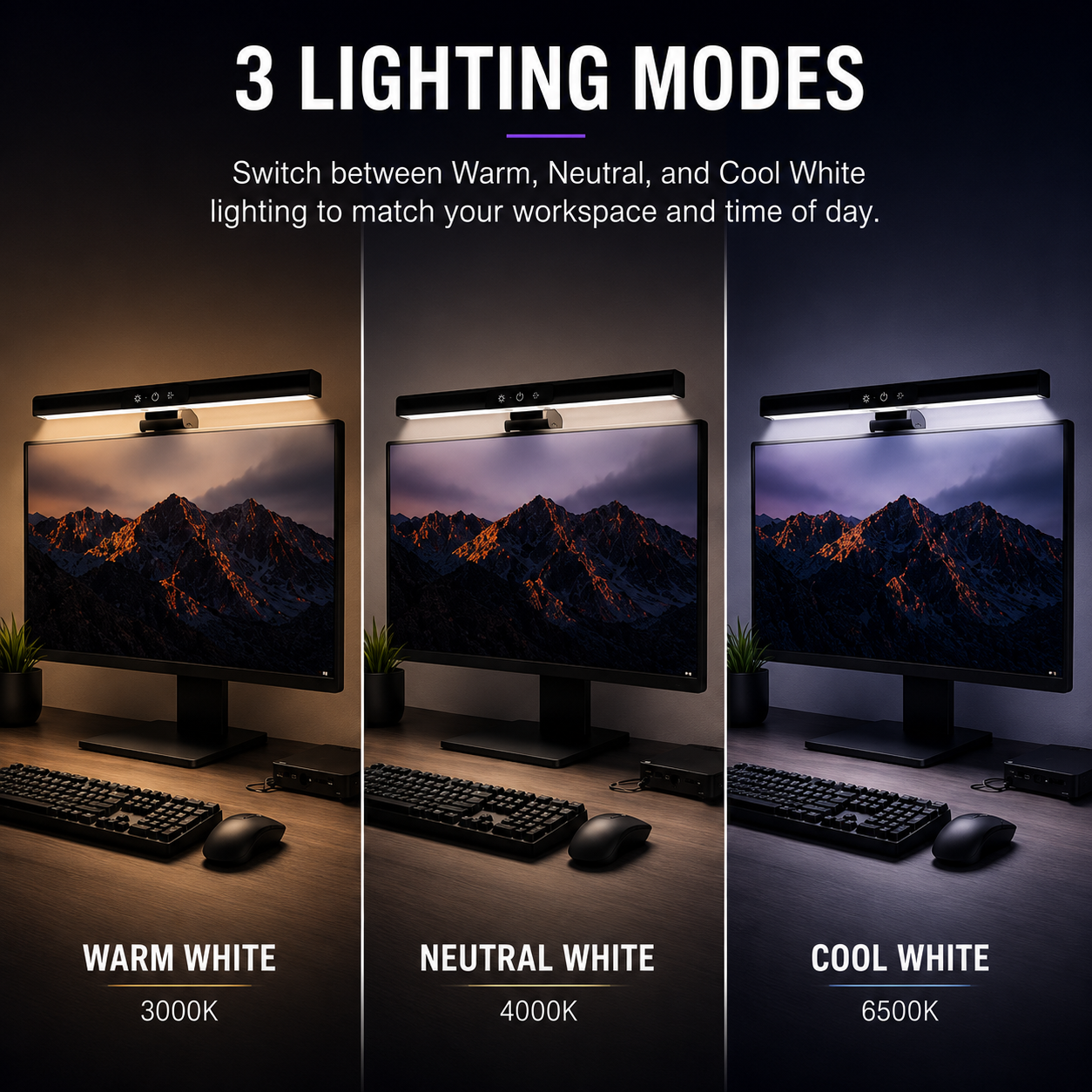 A promotional graphic showing three vertical lighting modes for a desk lamp: Warm White, Neutral White, and Cool White. The image displays a computer monitor with a keyboard and mouse under a lamp in each scenario, showing different color temperatures (3000K, 4000K, 6500K) and how the light casts a warm, neutral, or cool glow on the desk and scene.