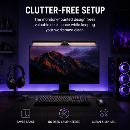 A desktop computer setup in a dark room with a large monitor displaying a mountain landscape, keyboard, mouse, headphones, and a glowing PC tower. Text at the top reads 'CLUTTER-FREE SETUP' and the monitor has a light bar mounted above it.