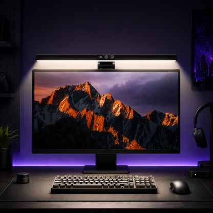 A black desktop monitor with an integrated webcam on top, illuminated by a built-in LED light bar. The monitor displays a mountain landscape wallpaper and is set on a dark desk with a keyboard, mouse, and headphones against a purple-lit background.