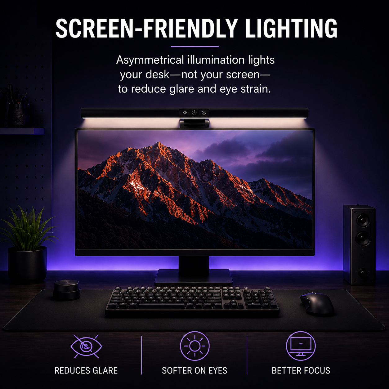 A desk setup with a large computer monitor under a built-in LED screen-friendly light bar, shown in a dark room with text overlays highlighting glare-reduction lighting and benefits for eyes and focus.