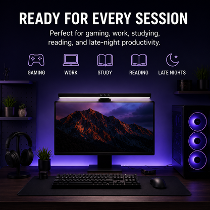A desktop monitor with an integrated LED light bar above the screen, shown in a styled gaming setup with a keyboard, mouse, headphones, plants, and a PC tower. Large text at the top reads 'READY FOR EVERY SESSION' with icons for gaming, work, study, reading, and late nights.