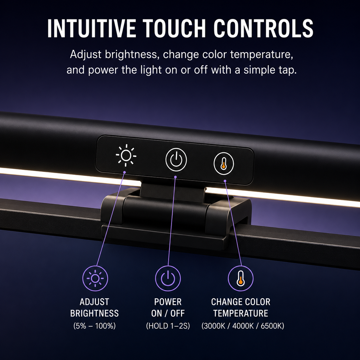 A close-up of a smart LED light bar with a touch control panel showing icons for brightness, power, and color temperature, with explanatory text on a dark blue background.