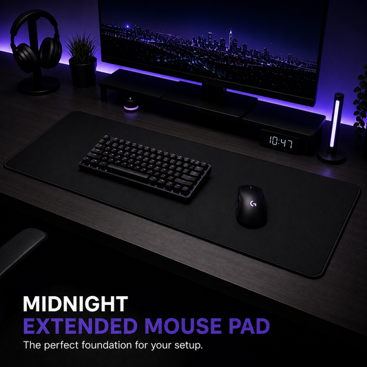A large black extended mouse pad on a dark desk, styled with a keyboard and mouse. The scene is dimly lit with purple ambient lighting, and text at the bottom reads 'MIDNIGHT EXTENDED MOUSE PAD'.