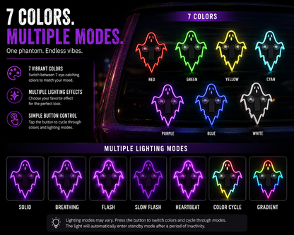 A product infographic for a ghost-shaped LED light show toy, displaying '7 COLORS. MULTIPLE MODES.