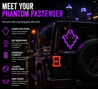 A black SUV at night with a glowing purple ghost light mounted on the rear window, set against a city skyline. Large promotional text on the left reads 'MEET YOUR PHANTOM PASSENGER' and lists features like glowing ghost design, easy window mount, rechargeable battery, and smart sensors.