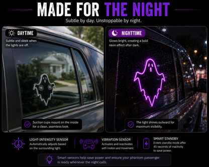 A promotional infographic for a ghost-shaped window light decal. The left side shows the decal applied to a car window during daytime, appearing subtle and black.