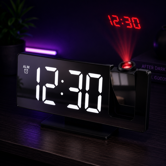 Black digital alarm clock with large white LED numbers, red alarm projection, and an alarm mode indicator, shown on a dark wooden table with ambient purple lighting.