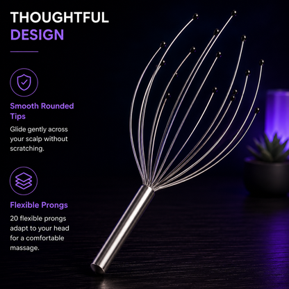 A metal scalp massage tool with a single handle and 20 flexible prongs, shown on a dark tabletop with promotional text highlighting smooth rounded tips and flexible prongs.