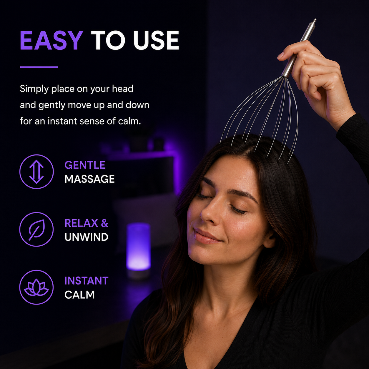 A woman with her eyes closed uses a metallic scalp massager on her head against a dark background with purple ambient lighting and promotional text about gentle massage, relaxation, and instant calm.