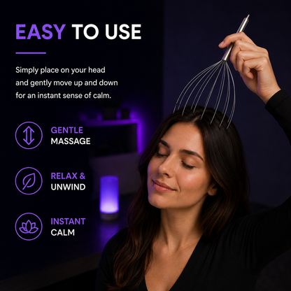 A woman with her eyes closed uses a metallic scalp massager on her head against a dark background with purple ambient lighting and promotional text about gentle massage, relaxation, and instant calm.