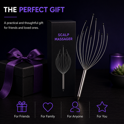 A scalp massager shown with its black retail box and a purple gift box with a ribbon on a dark background. The product itself is metallic silver with thin wire loops.