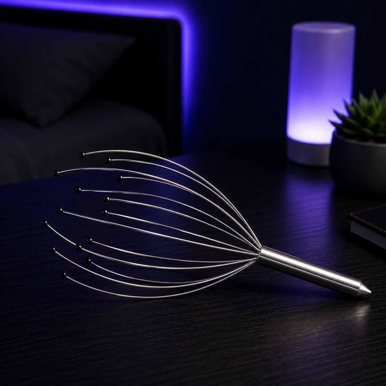 A stainless steel wire scalp massager resting on a dark wooden table in a dimly lit bedroom setting with a glowing purple bedside lamp in the background.