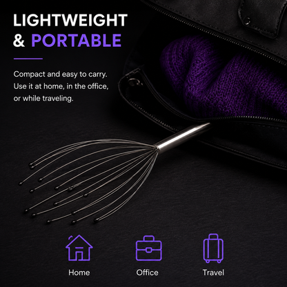 A metallic multi-prong scalp massager shown resting on a dark surface next to an open black bag with a purple knit insert. Text reads 'LIGHTWEIGHT & PORTABLE' and includes usage icons for Home, Office, and Travel.