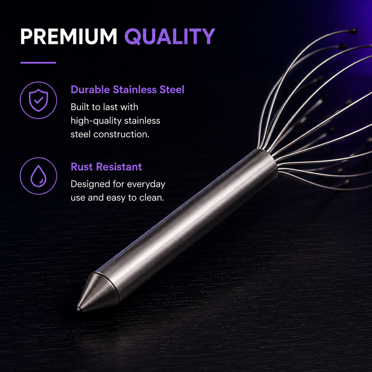 A stainless steel hand whisk with a tapered metal handle and multiple thin wire loops, shown on a dark background with promotional text highlighting durable stainless steel and rust resistance.