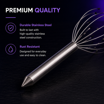 A stainless steel hand whisk with a tapered metal handle and multiple thin wire loops, shown on a dark background with promotional text highlighting durable stainless steel and rust resistance.