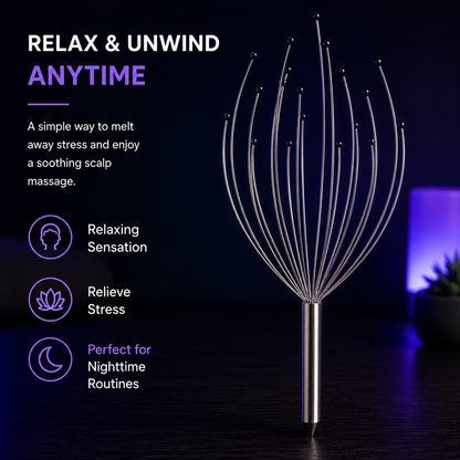 A metallic scalp massager with multiple thin wire arms and small LED lights, shown standing on a dark surface in a dim room. Text on the left reads 'RELAX & UNWIND ANYTIME' with additional benefits listed below, and a blurred glowing lamp appears in the background.