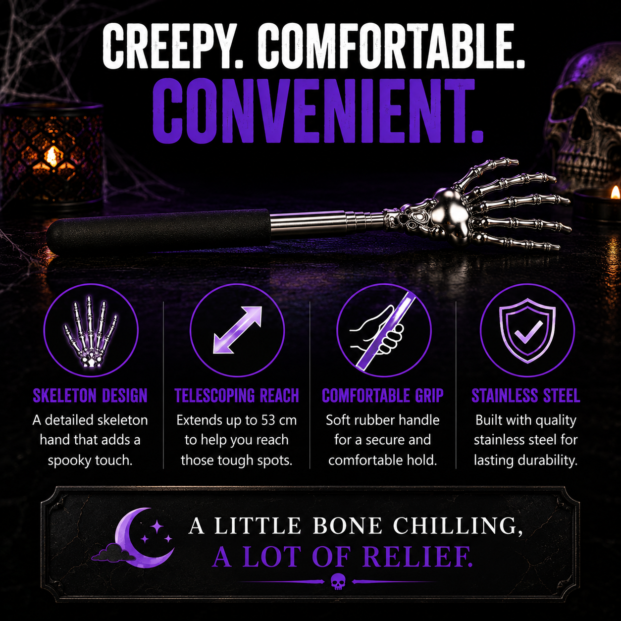 A stainless steel skeleton hand massager with a black handle, displayed on a dark tabletop with promotional text and feature icons. The graphic reads 'CREEPY.