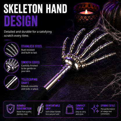 A metallic skeleton hand tool with a telescoping shaft and black grip, shown on a dark purple background with promotional text and feature callouts about stainless steel construction, smooth edges, and telescoping shaft.