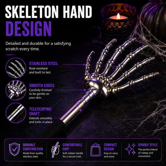 A metallic skeleton hand tool with a telescoping shaft and black grip, shown on a dark purple background with promotional text and feature callouts about stainless steel construction, smooth edges, and telescoping shaft.