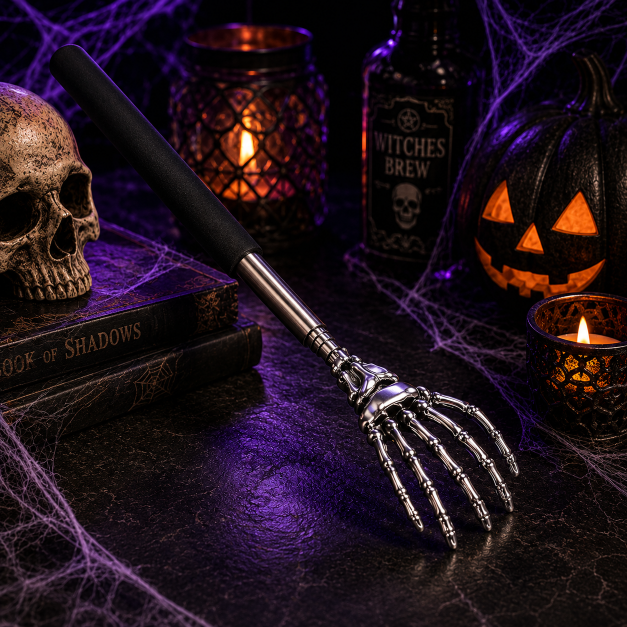 A Halloween-themed skeleton hand utensil with a black handle and metallic silver claw, displayed on a dark tabletop with candles, a skull, a pumpkin, and spiderwebs.