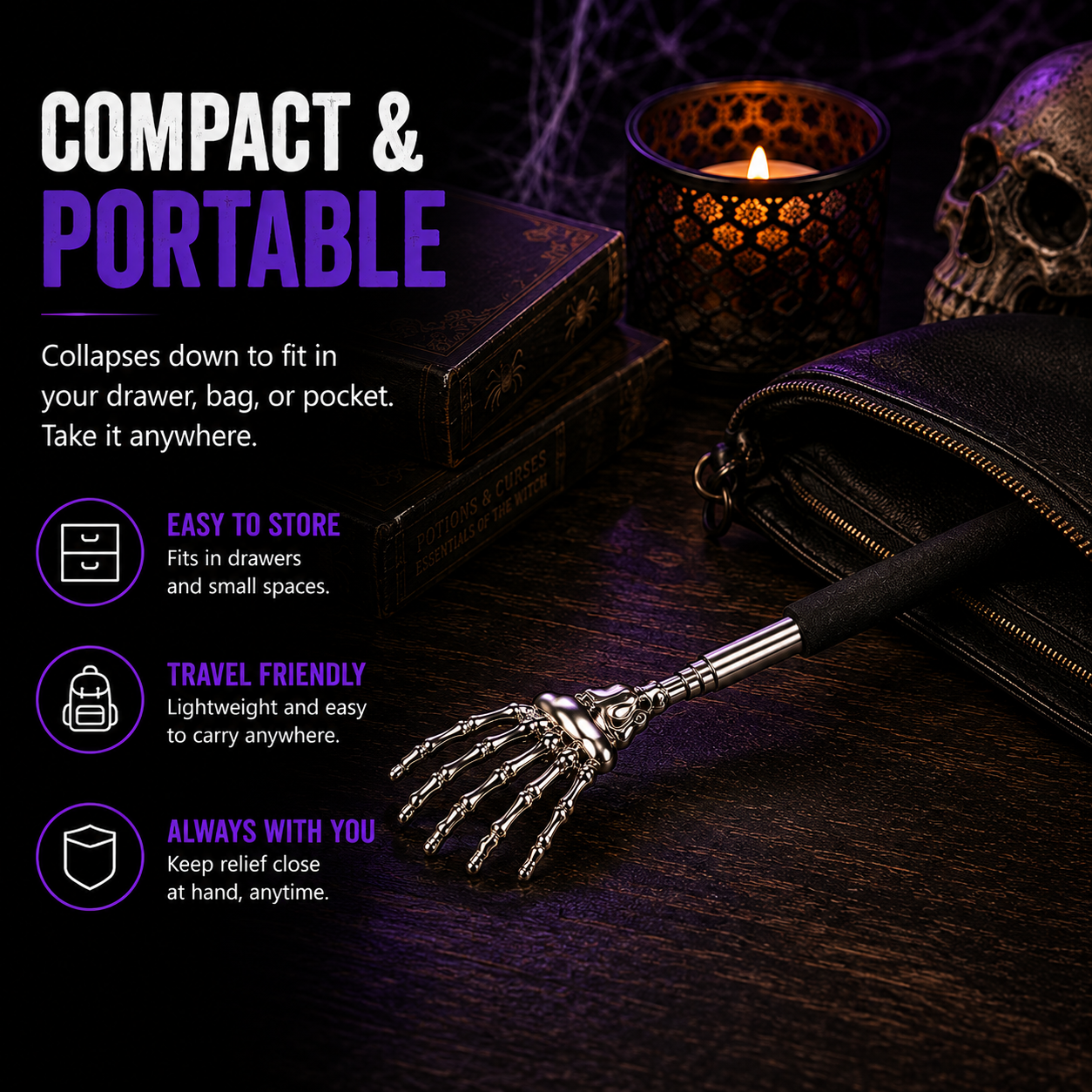 A compact silver skeleton-handled pocket tool with a black handle, shown resting on a dark wooden surface beside a black zip pouch, a lit candle, books, and a skull. Text on the left reads 'COMPACT & PORTABLE' with feature callouts about storing, traveling, and having it always with you.
