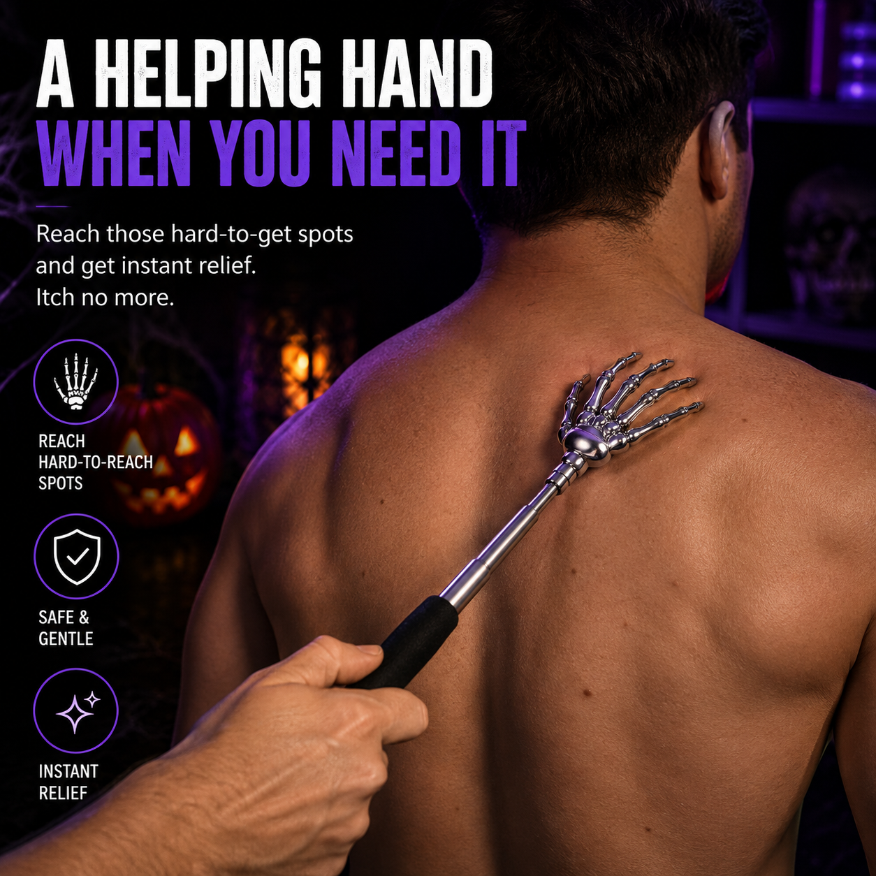 A man shown from the back with his bare upper back, while another hand uses a metallic skeletal hand massage tool on his shoulder and upper back. Large promotional text on the left reads 'A HELPING HAND WHEN YOU NEED IT' with feature icons below.