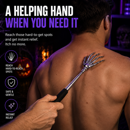 A man shown from the back with his bare upper back, while another hand uses a metallic skeletal hand massage tool on his shoulder and upper back. Large promotional text on the left reads 'A HELPING HAND WHEN YOU NEED IT' with feature icons below.