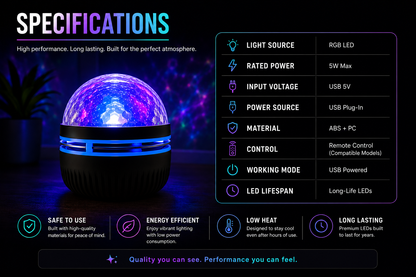 A product specifications graphic for a black and blue LED disco ball lamp. The image features a 3D render of the glowing lamp on the left and a detailed feature list on the right, including 'Light Source' (RGB LED), 'Rated Power' (5W Max), 'Input Voltage' (USB 5V), 'Input Power' (USB Plug-in), 'Material' (ABS + PC), 'Control' (Remote Control), 'Working Mode' (USB Powered), and 'LED Lifespan' (Long-Life LEDs).