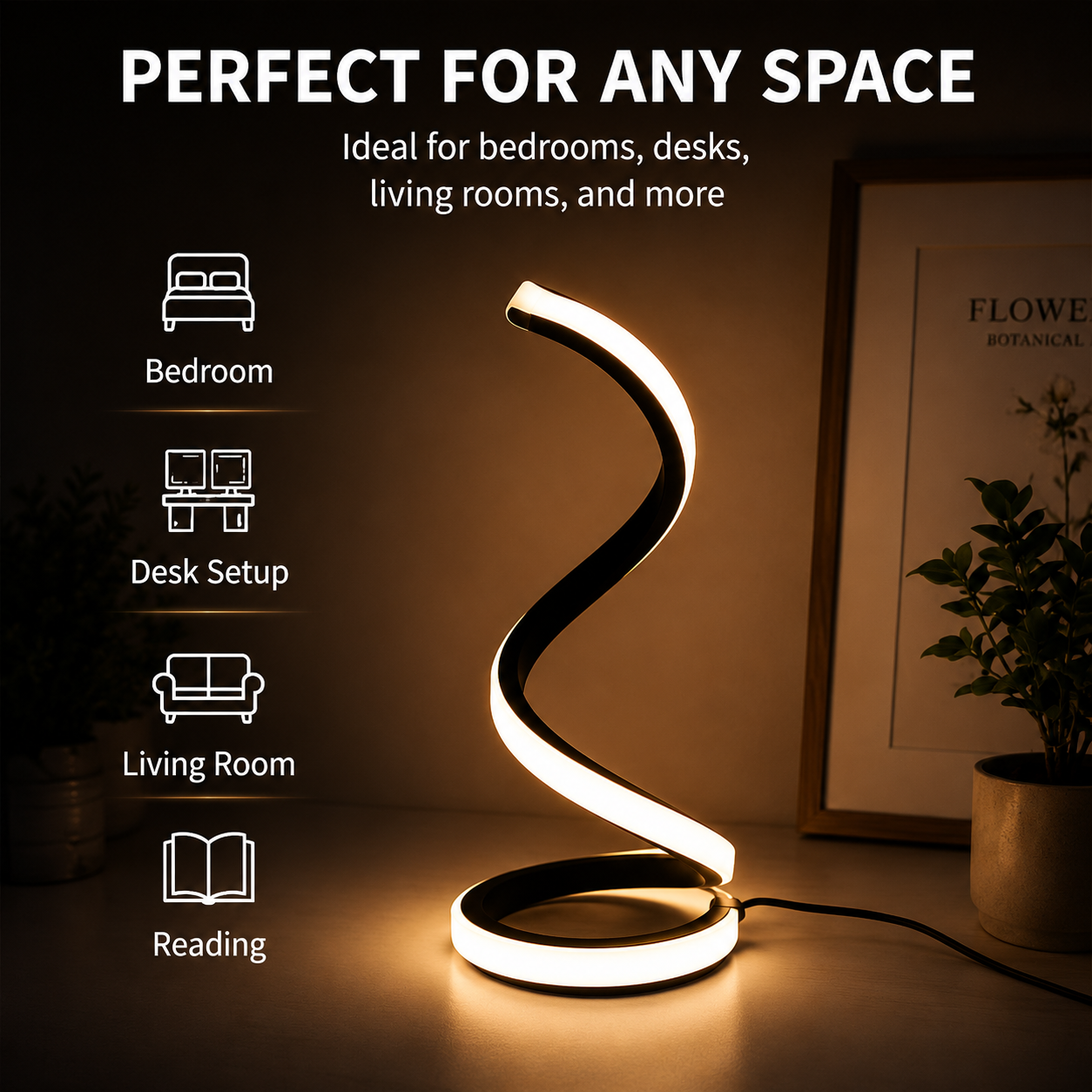 A modern spiral-shaped LED night light with a black frame and glowing warm white light, shown on a tabletop in a styled room setting with text overlays indicating use cases like bedroom, desk setup, living room, and reading.