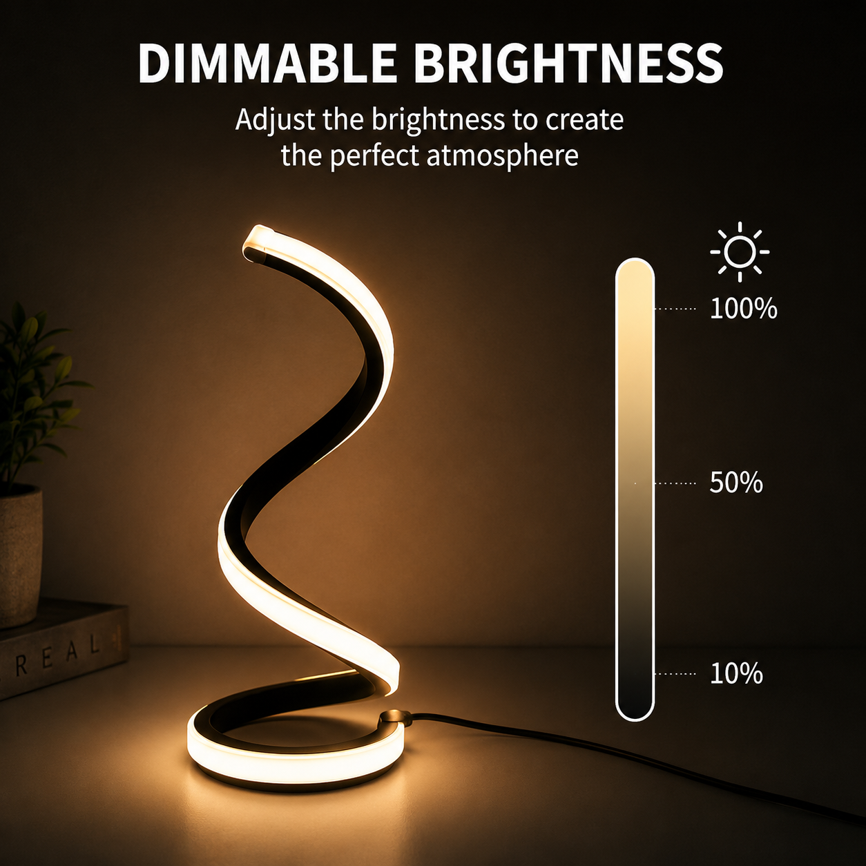 A modern spiral-shaped LED table lamp glowing warm white, shown on a dark tabletop with text reading 'DIMMABLE BRIGHTNESS' and a brightness slider graphic on the right.