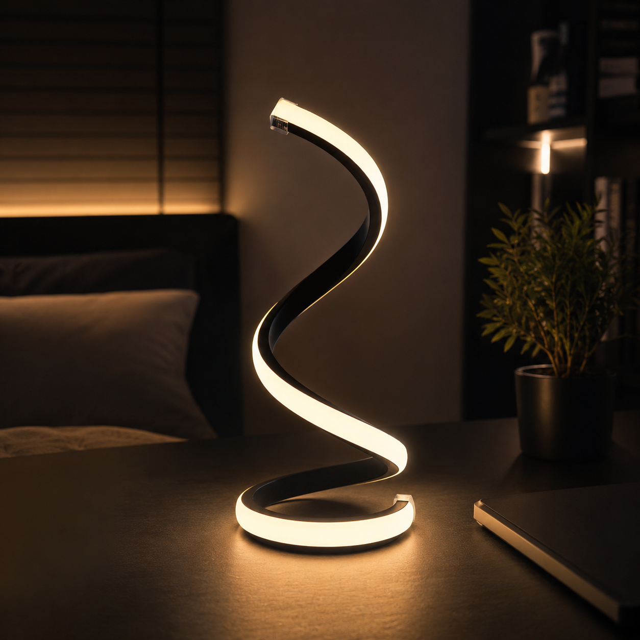 A modern spiral LED table lamp with a black frame and glowing warm white light, shown on a dark wooden table in a dimly lit bedroom setting.