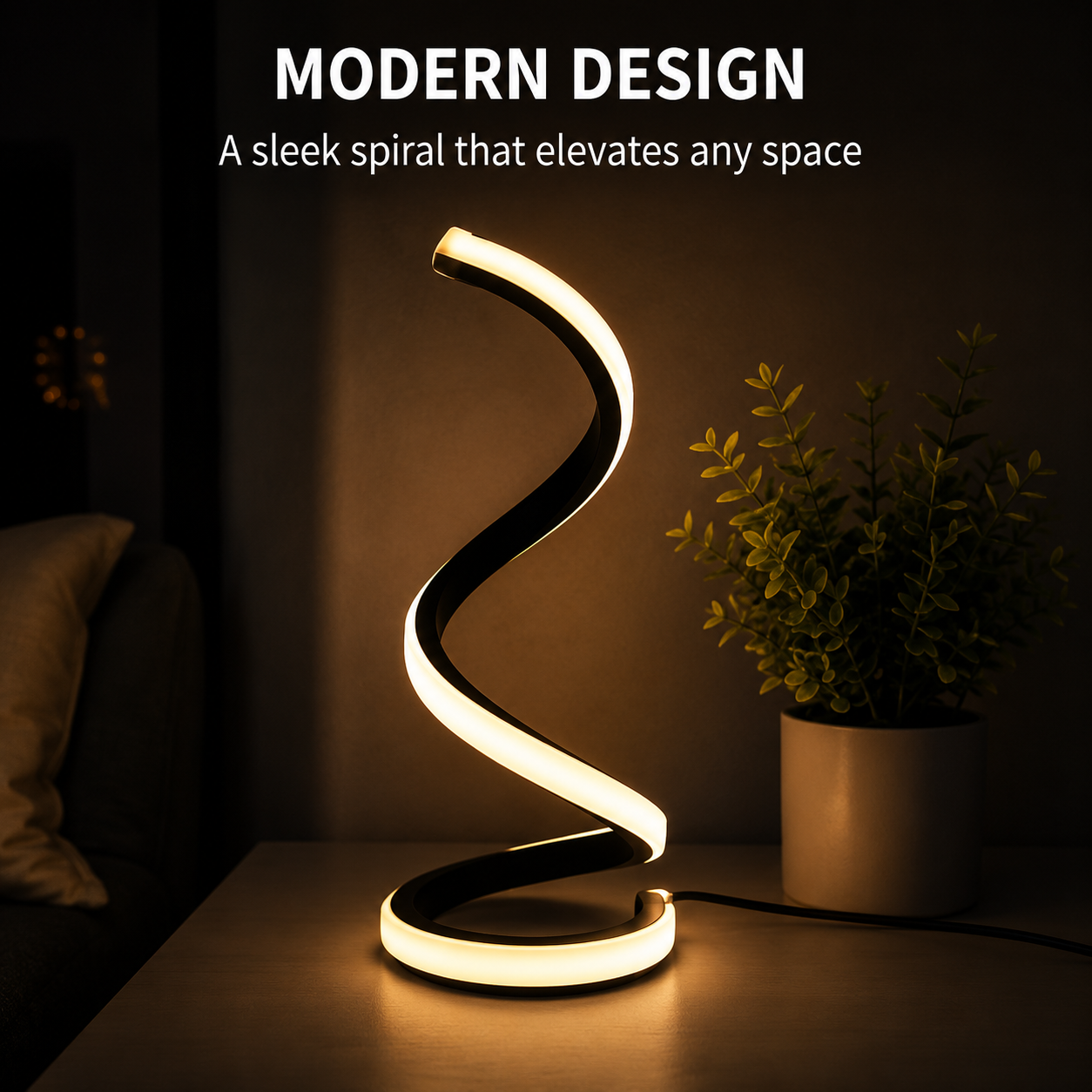 A modern spiral-shaped LED table lamp glowing warm white on a dark tabletop, with a potted plant and sofa in the background. Text at the top reads 'MODERN DESIGN' and 'A Sleek spiral that elevates any space.