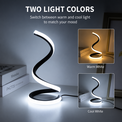 A modern spiral-shaped LED table lamp shown on a tabletop, with text explaining it switches between warm and cool light. Two inset photos on the right show the lamp glowing in warm white and cool white modes.