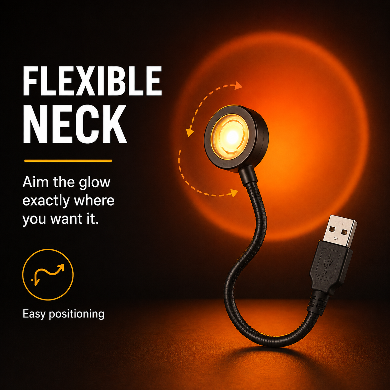 A USB flexible desk lamp with a black neck and glowing light bulb, shown on a dark background with orange glow effects and text highlighting its flexible neck and easy positioning.