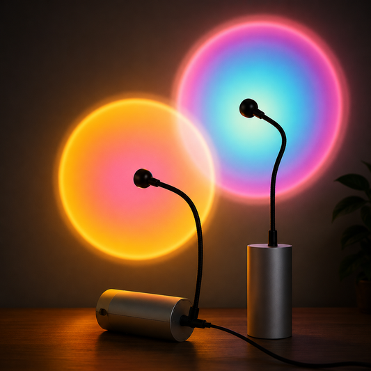 A modern cylindrical desk lamp with a flexible black gooseneck arm and silver base, shown in two positions: one standing upright and one lying on its side. The lamp illuminates two large glowing circular light panels, one casting a warm orange glow and the other a cool blue-purple glow, set against a dark background on a wooden surface.