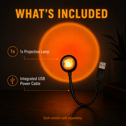 A USB projection lamp with an integrated USB power cable, shown lit on a dark surface with a large orange light projection behind it. Text on the image reads 'WHAT'S INCLUDED' and lists '1x Projection Lamp' and 'Integrated USB Power Cable'.