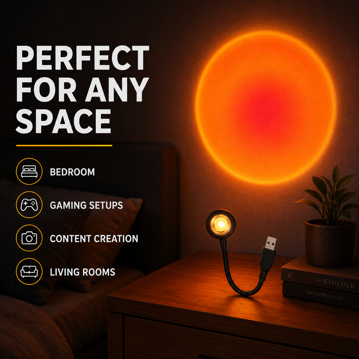 A USB-powered flexible desk lamp with a glowing orange circular light head, shown on a wooden nightstand beside a small potted plant. The scene includes marketing text reading 'PERFECT FOR ANY SPACE' and usage categories: bedroom, gaming setups, content creation, and living rooms.