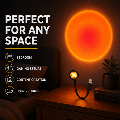 A USB-powered flexible desk lamp with a glowing orange circular light head, shown on a wooden nightstand beside a small potted plant. The scene includes marketing text reading 'PERFECT FOR ANY SPACE' and usage categories: bedroom, gaming setups, content creation, and living rooms.