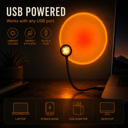 A USB-powered desk lamp with a flexible black neck and a glowing orange light, shown plugged into a laptop on a desk. The image includes marketing text reading 'USB POWERED' and icons for features like vibrant colors, energy efficiency, and plug & play, plus usage examples for laptop, power bank, USB adapter, and desktop.
